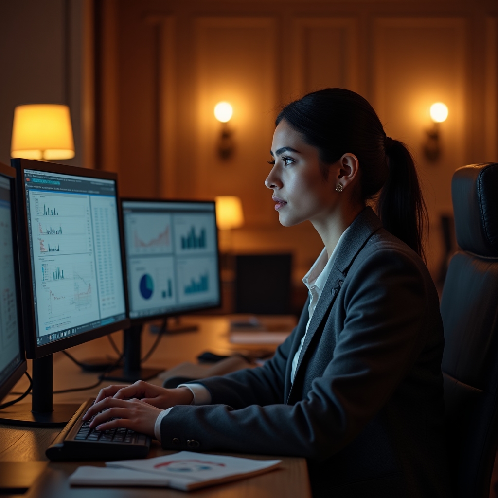 Analytik soustředěně pracuje u více monitorů s daty v tiché pracovně